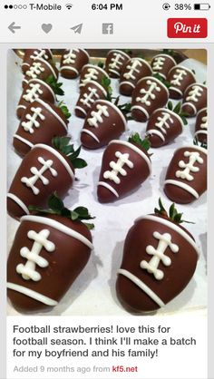 chocolate covered strawberries are arranged in the shape of footballs on top of each other