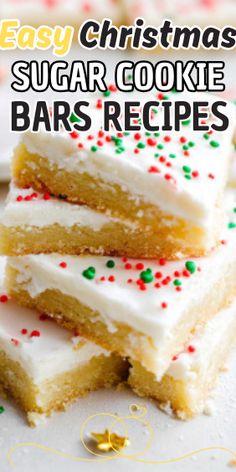 easy christmas sugar cookie bars recipe with white frosting and sprinkles on top