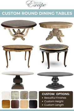 round dining tables with different designs and colors for the table is shown in this ad