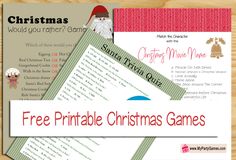 two christmas games with the words free printable christmas games on them and an image of santa