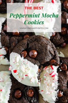 chocolate peppermint mocha cookies with white frosting and candy canes on top