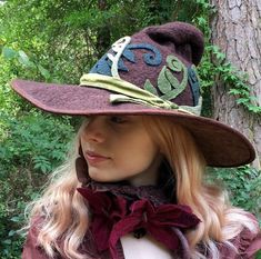 Fern Fiddle witch / wizardWitch Hat Brown Wizard Hat Wide | Etsy Whimsical Clothes, Felt Witch Hat, Fern Design, Black Witch Hat, Wizard Hat, Flower Tie, Witch Hats, Larp Costume, Vintage Witch