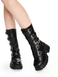 Women's Gothic Chunky Platform Boots With Chain, Black Bat Buckle Mid-Calf Boots For Halloween Party, Y2K Punk Rock Style For Christmas And New Year Holiday Black         Women Shoes, size features are:Bust: ,Length: ,Sleeve Length: Bat Shoes, Botas Goth, Gothic Heels, Stile Punk Rock, Shoes Grunge, Rock Y2k, Chunky Platform Boots, Estilo Punk Rock, Punk Rock Style