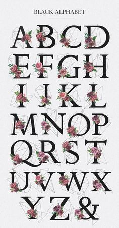 an alphabet with flowers on it and the letters are all in different shapes, sizes and colors