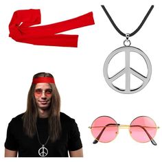 a man with long hair wearing sunglasses and a peace sign necklace, red scarf, headband