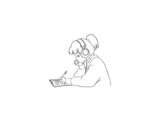 a black and white drawing of a woman sitting at a desk with headphones on