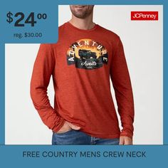 This Free Country men's graphic long-sleeve t-shirt is a casual wardrobe must-have. Made from a soft breathable marled knit, this pullover tee has a crew neck and large front graphic. Pair it with jeans. Features: BreathableClosure Type: Pullover HeadFit: Regular FitNeckline: Crew NeckSleeve Length: Long SleeveSleeve Style: Fitted SleeveApparel Length: 28.5 Inches - BackFiber Content: 96% Polyester, 4% SpandexFabric Description: KnitCare: Tumble Dry, Machine WashCountry of Origin: Imported Long Sleeve Graphic Tee For Outdoor, Pre-shrunk Long Sleeve Tops For Outdoor, Red Tops With Graphic Print For Outdoor, Red Graphic Print Top For Outdoor, Country Men, Mens Crew Neck, Casual Wardrobe, Long Sleeve T Shirt, Shirts Tops