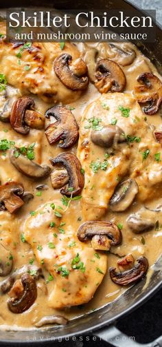 skillet chicken with mushroom wine sauce in a pan