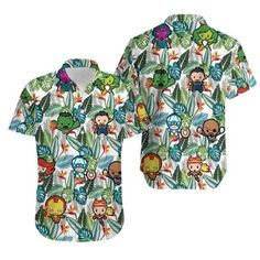 a shirt with cartoon characters on it, all over the image is white and has green leaves