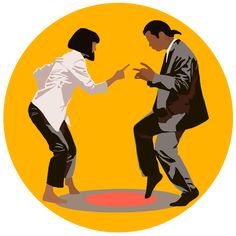 two men in suits are dancing on a red rug with yellow background and orange circle