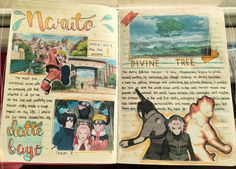 an open book with pictures of people and words on it, including the title naruto