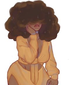 a drawing of a woman with large afros on her head and an orange dress