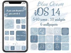 an iphone with the text blue ocean on it, and icons for all kinds of devices