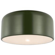 a green ceiling light with a white light on the bottom and an olive green shade