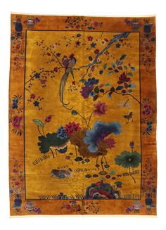 Antique Chinese Pictorial Rug With Art Deco Style - 10'00 X 13'04 on Chairish.com Chinese Deco, Chinese Rugs, Pictorial Rug, Art Deco Carpet, Art Chinois, Chinese Art Deco, Plum Blossoms, Carpet Texture, Asian Rugs