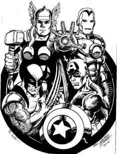 black and white ink drawing of the avengerss with captain america, iron man, hulk