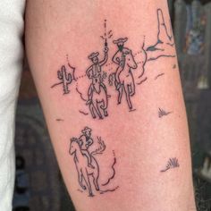 a person with a tattoo on their arm has a horse and man riding in the same direction