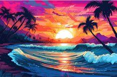 the sun is setting over the ocean with palm trees and waves in front of it