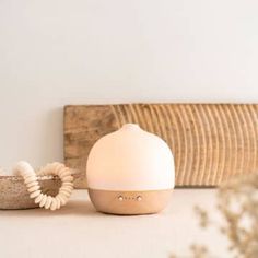 a white light sitting on top of a table next to a bowl and planter