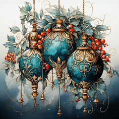 two blue christmas ornaments hanging from chains with holly leaves and berries on them, surrounded by gold filigrees