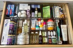 an organized drawer filled with different types of beauty products