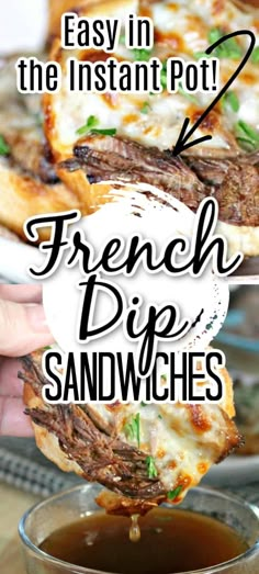 the french dip sandwich is being served with sauce