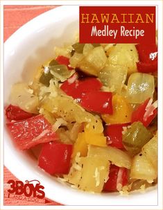 a white bowl filled with food on top of a red and yellow table cloths