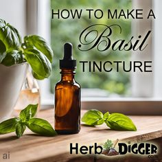 a bottle of basil oil sitting on top of a wooden table next to a potted plant