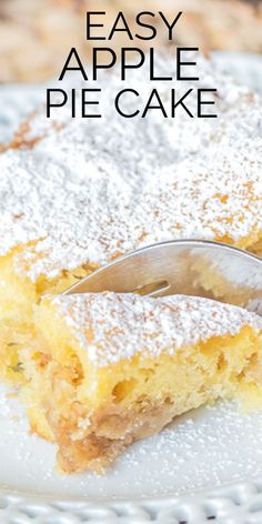 an easy apple pie cake with powdered sugar on top and a fork in the middle