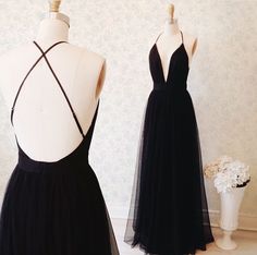 Simple Black Prom Dress, Backless Formal Dresses, Simple Prom Dress Long, Prom Dresses 2016, V Neck Prom Dresses, Black Prom Dress, Black Prom, Backless Prom Dresses, Tulle Prom Dress