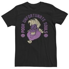 a black t - shirt with an image of a cartoon character on the front and purple lettering