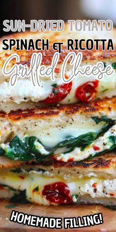 grilled pizza with spinach and ricotta cheese on a wooden cutting board text reads sun - dried tomato spinach and ricotta grilled cheese grilled cheese homemade filling