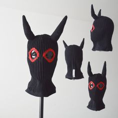 "A new collection of creepy crocheted women's and men's balaclavas made of cotton yarn with two holes. Gothic style ski mask with horns in black #53, eye hole red #90, matching the color chart in the last image. Completely handmade. Personalized and artful handmade, keeping each piece unique. I invite you to check out the new collection. Want a hat in a different color or style, email me before ordering, I will knit to order the model you need. Size: M- 22\" - 22 3/8\" (55.9 cm-56.8 cm) Horned Balaclava, Ski Mask With Horns, Balaclava With Ears, Balaclava With Horns, Scary Crochet Mask, Mask With Horns, Goth Beanie, Balaclava Crochet, Black Devil