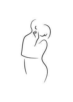 a black and white line drawing of a woman holding her head to her chest, with the