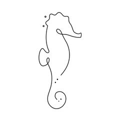 a line drawing of a sea horse with bubbles on its head and tail, in black and white