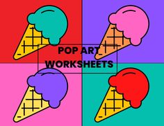 pop art worksheets with ice cream on four different colored squares in the background