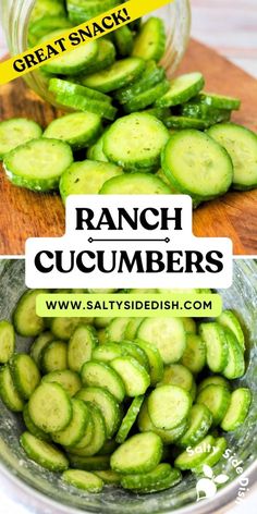 pickled cucumbers in a glass bowl with text overlay that reads ranch cucumbers