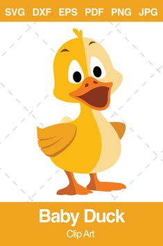 the baby duck clip art is shown in yellow and white, with an orange background