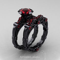 AArt Masters Caravaggio 14K Black Gold 1.0 Ct Ruby Engagement Ring Wedding Band Set R623S-14KBGR Elegant Black Ruby Ring, Formal Bridal Sets With Round Cut Accent Stones, Black Rings With Brilliant Cut For Wedding, Luxury Red Sapphire Wedding Ring, Black Ruby Anniversary Ring, Formal Black Rings With Ruby, Luxury Solitaire Ruby Ring For Wedding, Black Round Ruby Ring, Round Black Ruby Ring