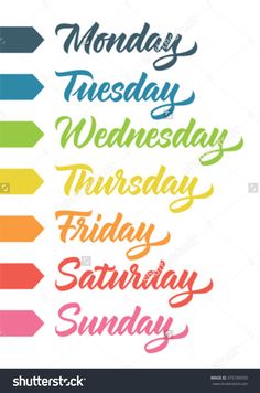 days of the week with arrows in different colors and font on white background stock photo