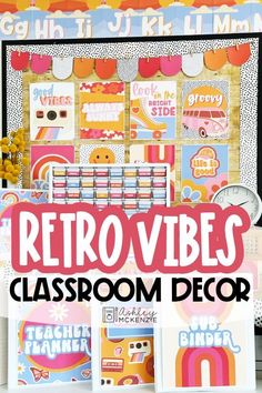 a classroom decor project with the words retro vibes in pink, orange and yellow