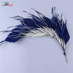 blue and white feathers are arranged on a gray background