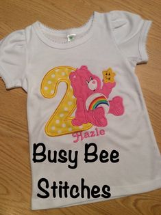 This customized Cheer Care Bear birthday shirt or bodysuit is perfect for your little fan!  Available in any birthday number.  Add a name at no additional charge.  I can make matching mom, dad and sibling shirts too!  It can be made in any fabric and thread colors.  I have different colored and style shirts. Please let me know any additional information, birthday number, name, thread and fabric colors and any other specific instructions in Notes to Seller. And please let me know what date you need the order. I have other sizes available, including adult sizes, so if the size you need isn't listed, check with me for availability. I can stitch this design on anything else that you'd like.  Check with me for availability and price. I have lots of character, embroidery and applique designs so Care Bear Shirt, Cheer Care Bear, Character Embroidery, Care Bear Birthday, Sibling Shirts, Matching Mom, Bear Birthday, Thread Colors, Birthday Numbers