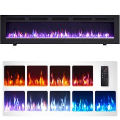 an electric fireplace with multiple colored flames and remote controls on the side, along with four different color options