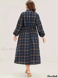 Olivia Mark - Womens Plus Size Plaid Print Midi Shirt Dress - Casual, Button Up, Long Sleeve with Turn Down Collar Casual Fall Shirt Dress With Covered Buttons, Casual Shirt Dress With Covered Buttons For Fall, Plaid Shirt Dress With Buttons For Work, Fall Button-up Shirt Dress With Covered Buttons, Plaid Buttoned Shirt Dress For Daywear, Plaid Long Sleeve Shirt Dress With Buttons, Plaid Shirt Dress With Buttons For Daywear, Plaid Button-up Shirt Dress For Work, Love Free