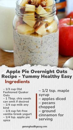 Apple Pie Overnight Oats are the BEST breakfast to wake up to! Easily make it in a mason jar the night before and eat in the morning. No cooking required! You will love the apple pie flavor in this oatmeal!  Mornings are pretty hectic around my house. With a husband and four boys to getContinue Reading Over Night Oats In A Jar Recipe, Overnight Oats Mason Jar, Overnight Chia Oatmeal, Metabolic Meals, Chia Oatmeal, Apple Pie Overnight Oats, Apple Overnight Oats, Overnight Oats Recipe Easy, Overnight Chia