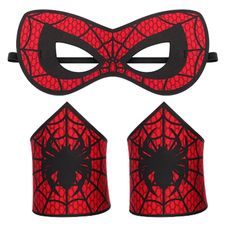 a red mask with black spider webs on it