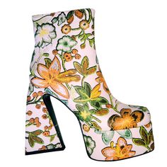 Embrace the flower power vibes as you make a statement with every step in these retro-inspired beauties. The chunky block heel not only adds a touch of nostalgia but also provides the support you need for all-day comfort. Retro-inspired floral print exudes 70's chic and flower power vibes Chunky block heel provides stability and support for all-day comfort High-quality vegan leather ensures durability and long-lasting wear Made to order and custom info: After you place your order, the shoes can 70s Shoes, Groovy Fashion, Flower Boots, Statement Shoe, French Wedding, Retro Shoes, Chunky Block Heels, Platform Ankle Boots, Chunky Boots