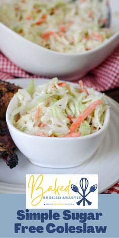 two white bowls filled with coleslaw on top of a red and white checkered table cloth