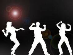 the silhouettes of three people are dancing